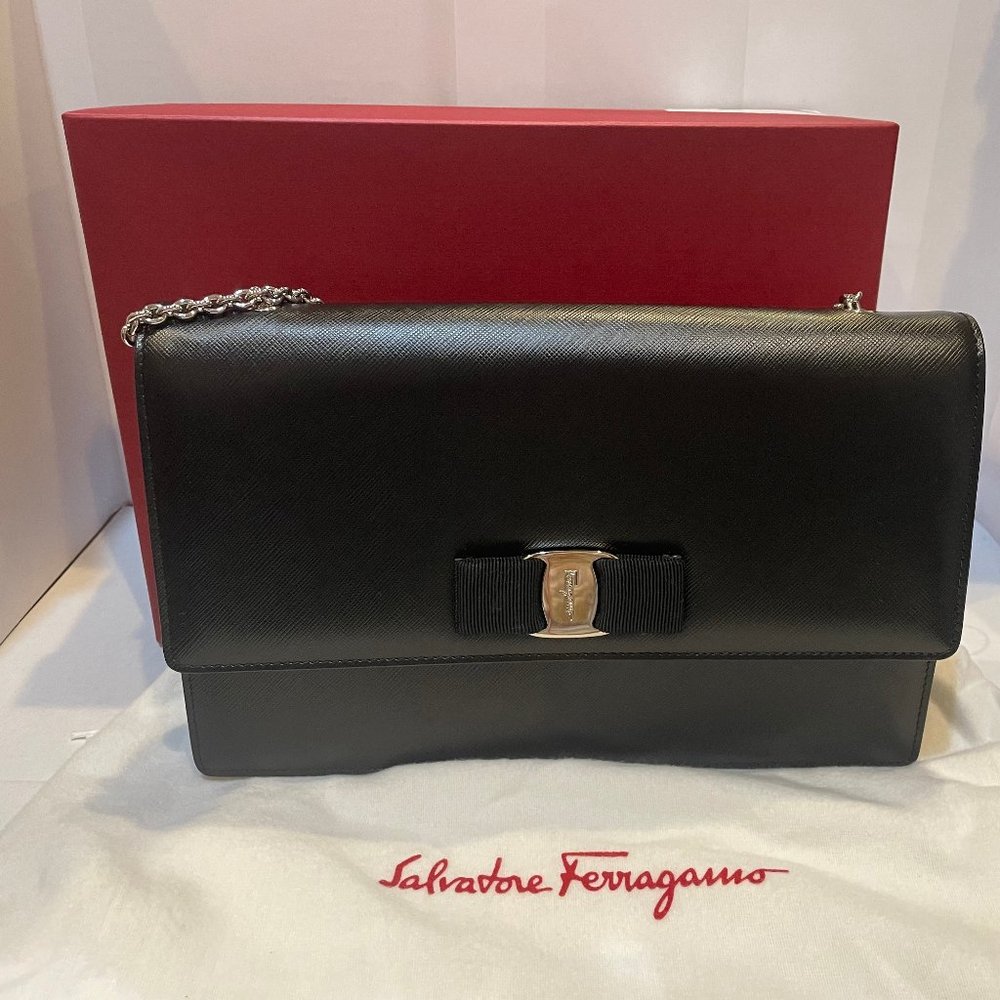 NEW!  Salvatore Ferragamo Ginny Black Pebble Leather Bag